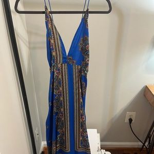 Cobalt print extreme split strappy back maxi dress